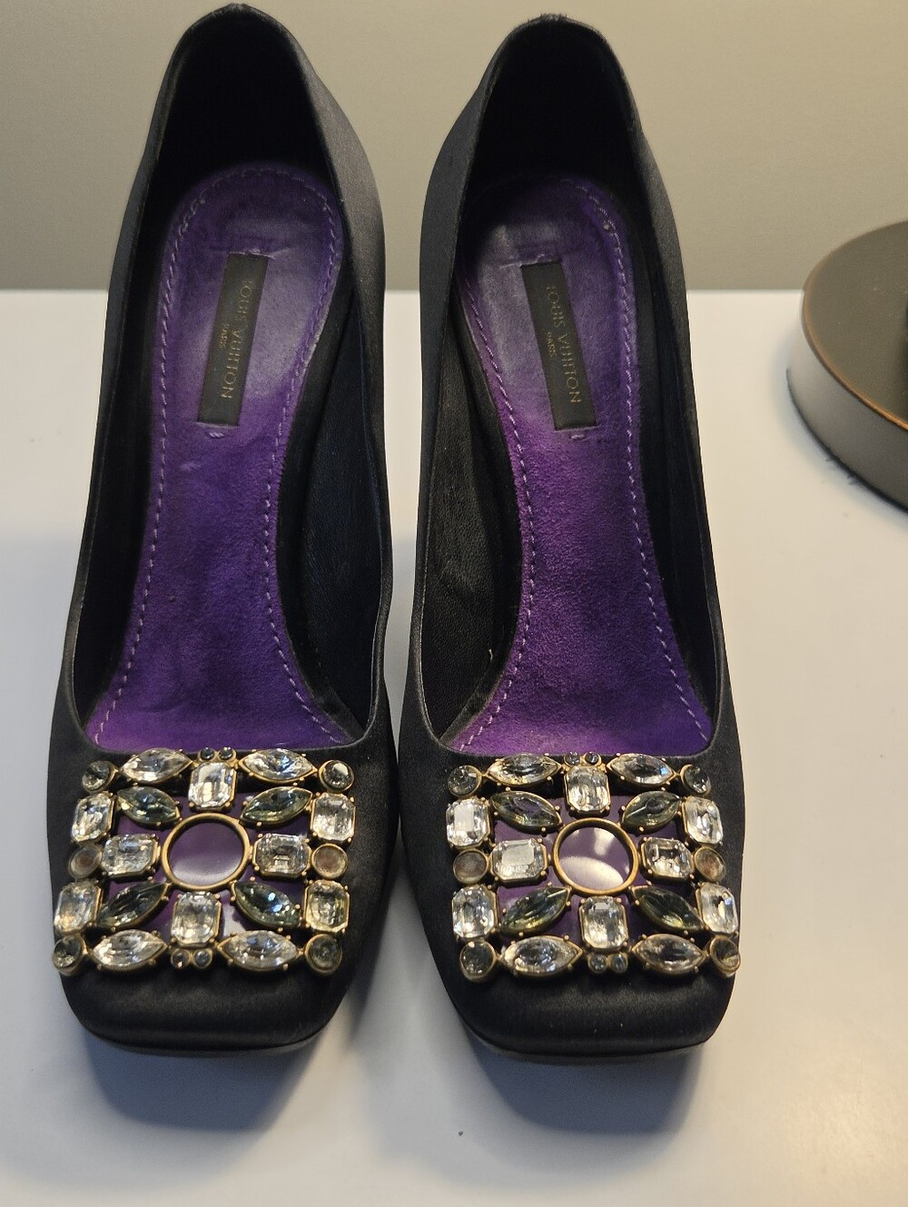 Louis Vuitton Black Satin Runway Black Satin Jeweled Pumps  Authentic 37 1/2